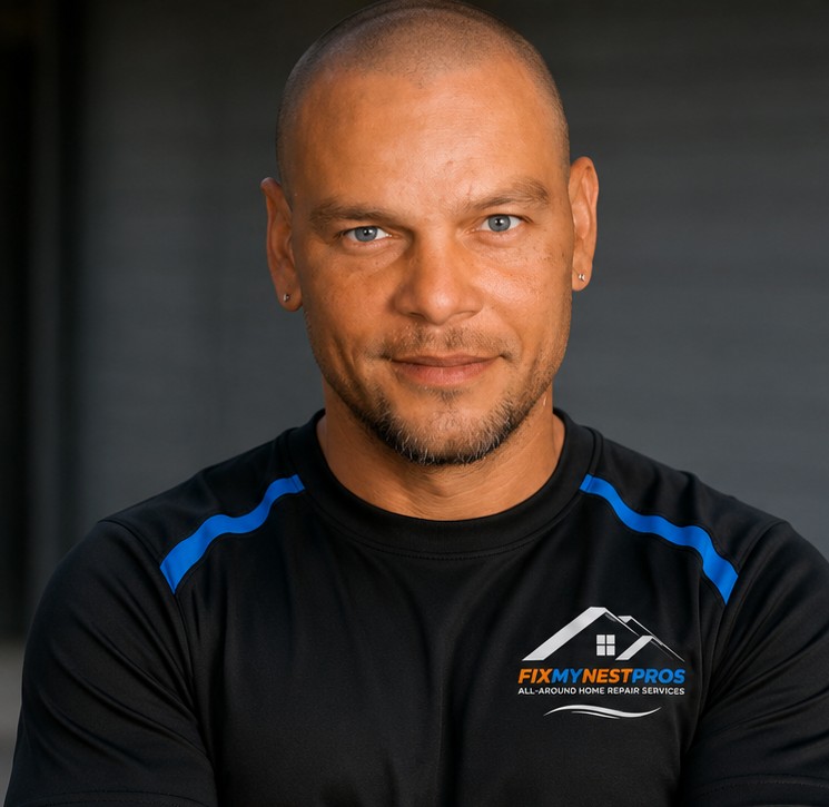 James, owner of Fix My Nest Pros, in a branded company shirt